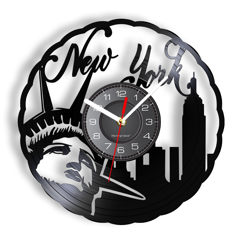 Interior Design Nyc - ニューヨークのスカイライン ヴィンテージビニールレコード壁掛け時計 NYC 自由の女神 ウォールアート アメリカ旅行ギフト