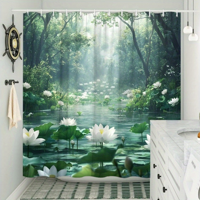 Interior Design Zen - 蓮の森シャワーカーテンポリエステルプリント家の装飾自然テーマインテリアデザイン禅スタイル