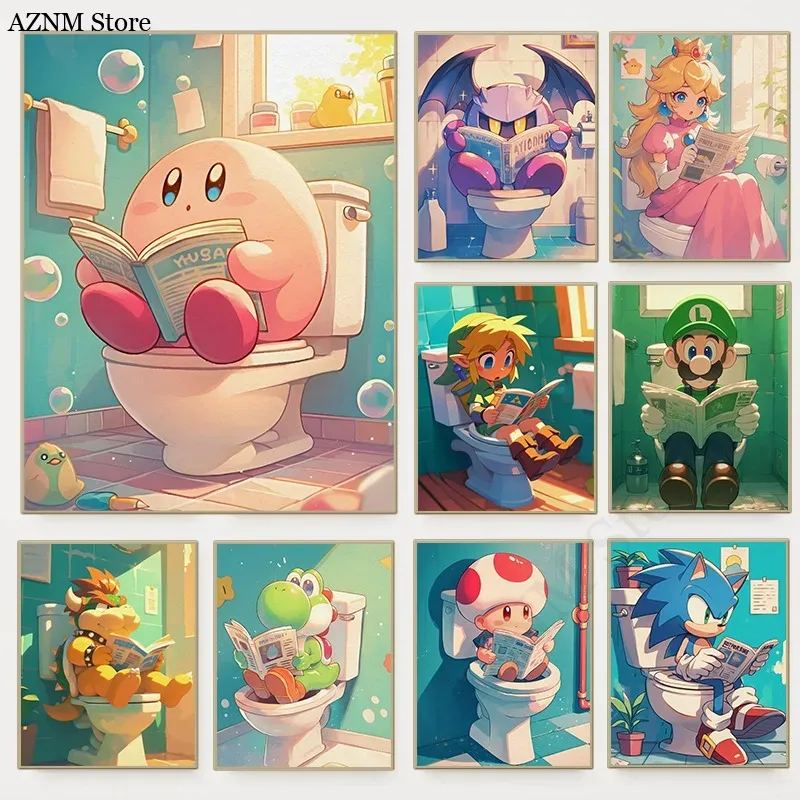 Interior Design Game - 面白いバスルーム漫画ビデオゲームポスターかわいいアニメーションキャラクタートイレキャンバス絵画壁アートシャワールーム子供の家の装飾