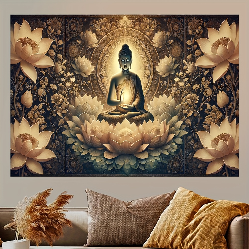 Interior Design Zen - 仏陀蓮の花壁タペストリー禅アート装飾リビングルーム瞑想スペーススピリチュアルホームインテリアデザイン2Dフラットプリント