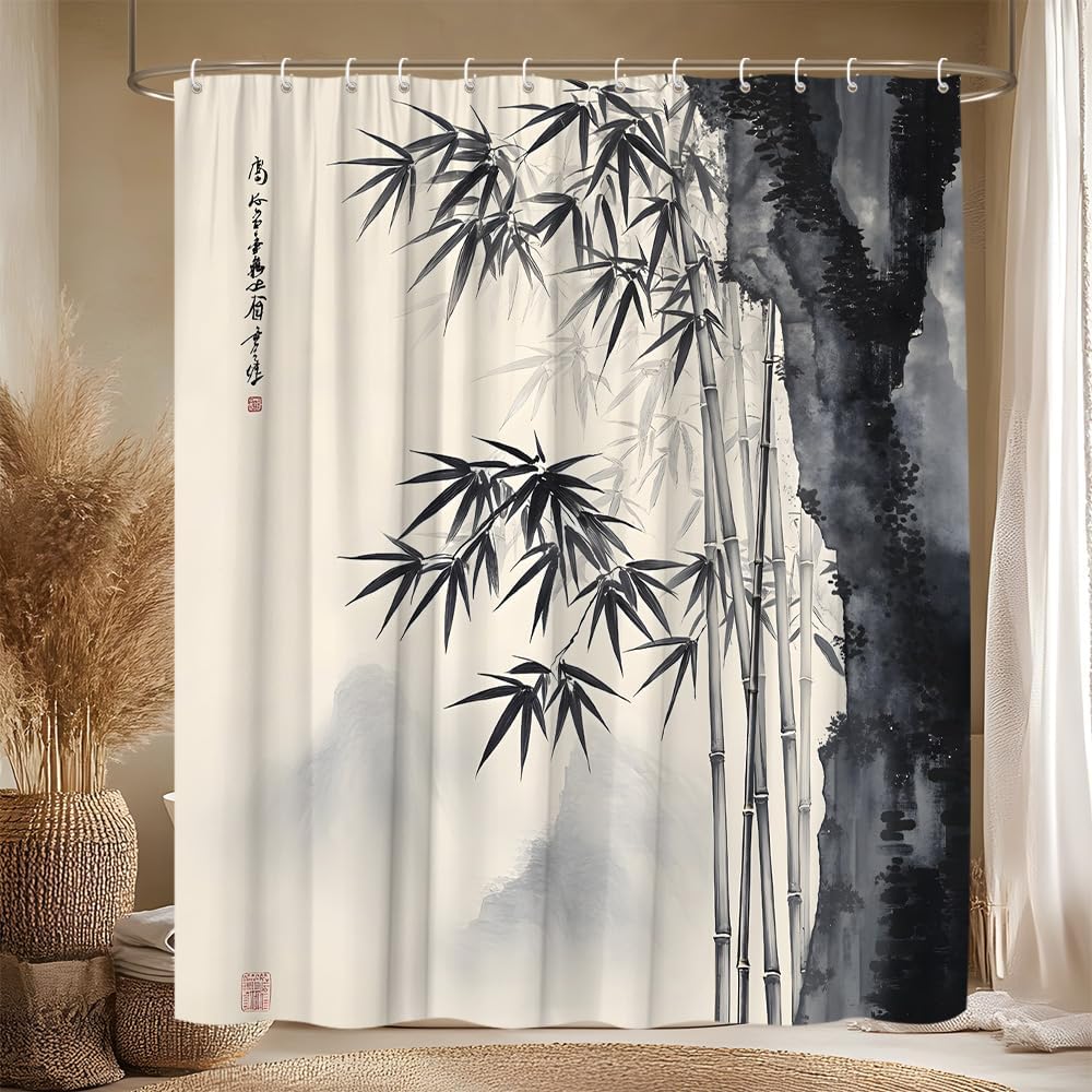Interior Design Zen - 装飾的なアジアの竹水墨画シャワーカーテンバスルームライナー禅スパアート水彩デザインモダンな家のインテリア用