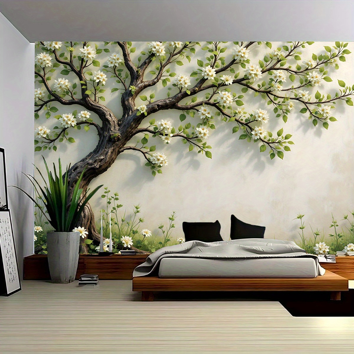 Interior Design Zen - 3D開花する木の壁画、寝室やリビングルーム用、自然をイメージした花柄アート装飾、静寂な禅スタイルの家のインテリアデザイン