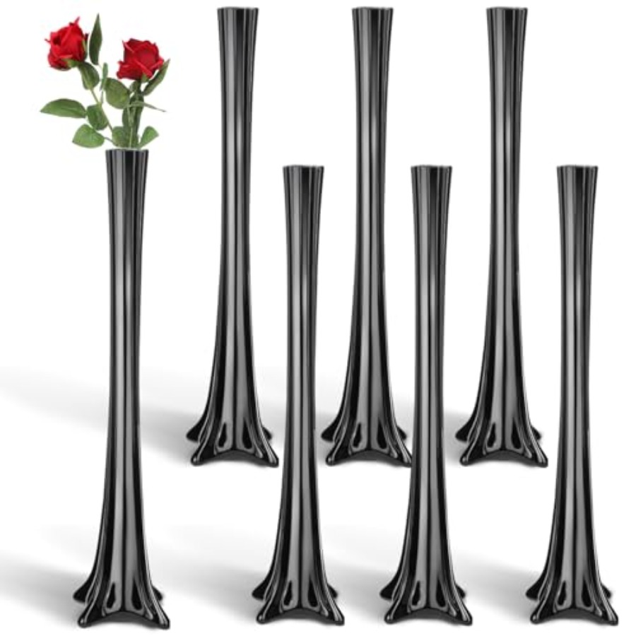 Fluted Vase Tall - 結婚式のセンターピース、ガラス製の黒い背の高い細いフルート型の花瓶、フォーマルなディナーや家のテーブルデコレーションに