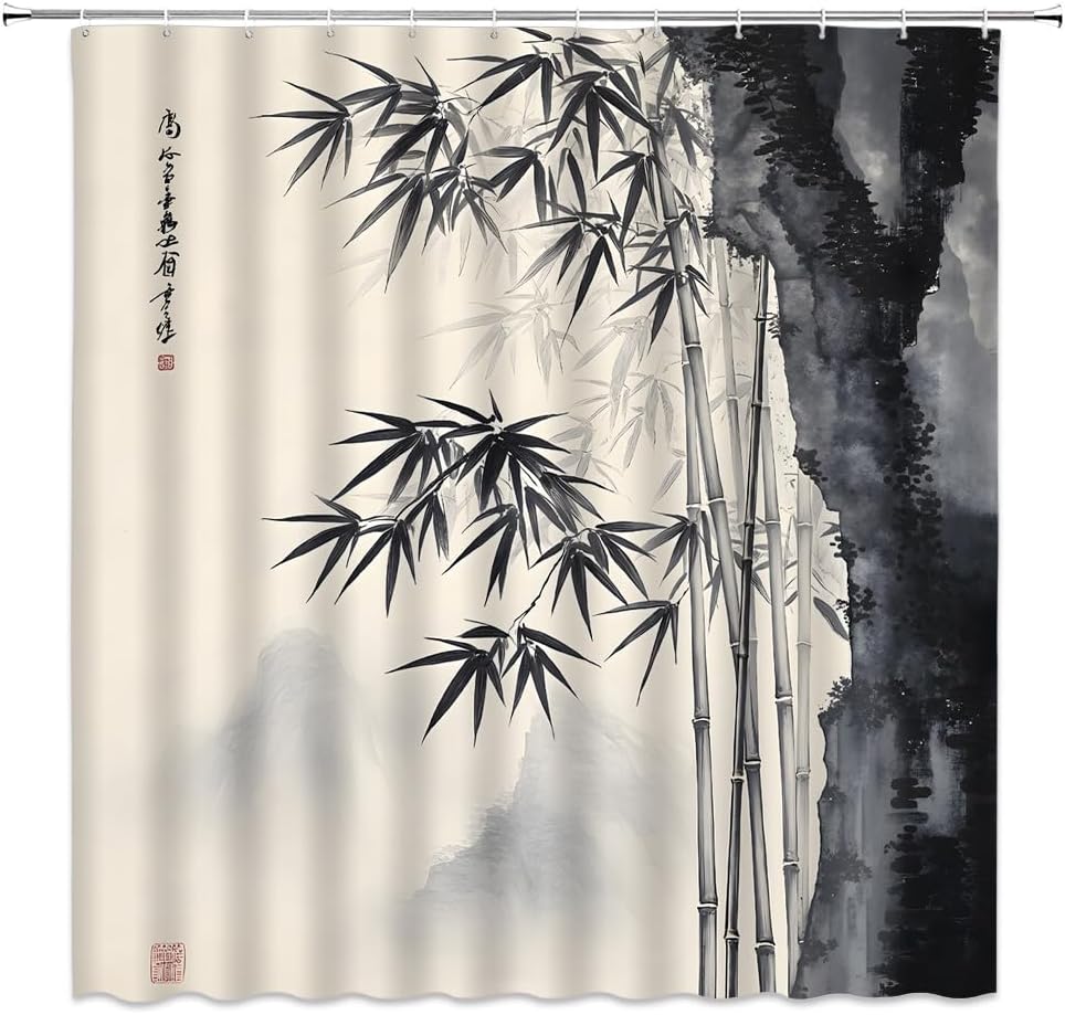 装飾的なアジアの竹水墨画シャワーカーテンバスルームライナー禅 - Interior Design Zen のレビューと価格