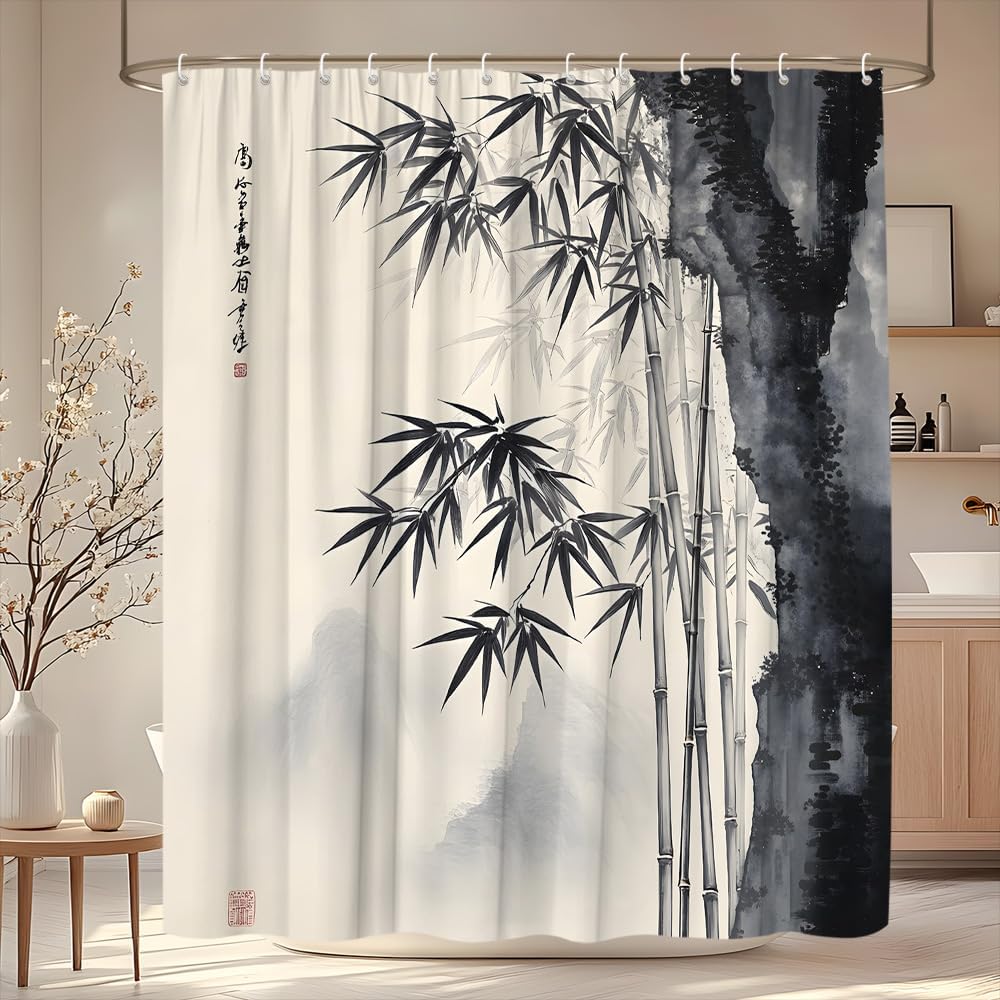 装飾的なアジアの竹水墨画シャワーカーテンバスルームライナー禅 - Interior Design Zen のレビューと価格