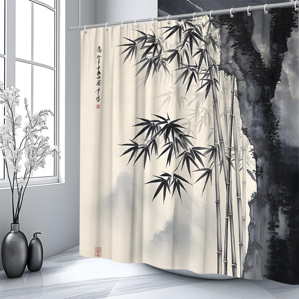 装飾的なアジアの竹水墨画シャワーカーテンバスルームライナー禅 - Interior Design Zen のレビューと価格