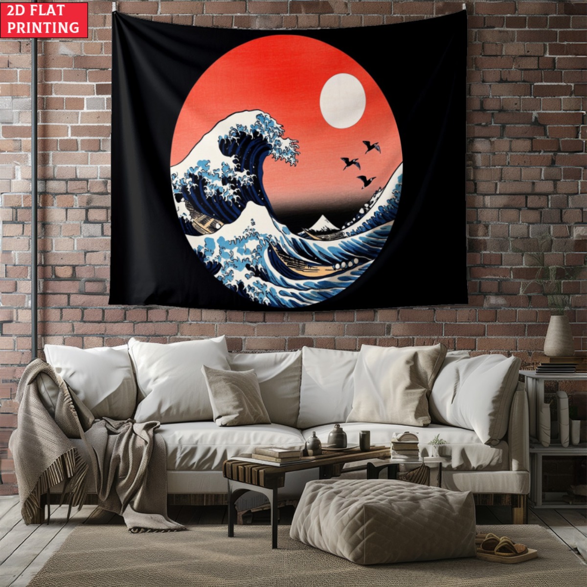 額縁なしの日本の波の夕日タペストリー 北斎風アート ウォール - Interior Design Zen のレビューと価格
